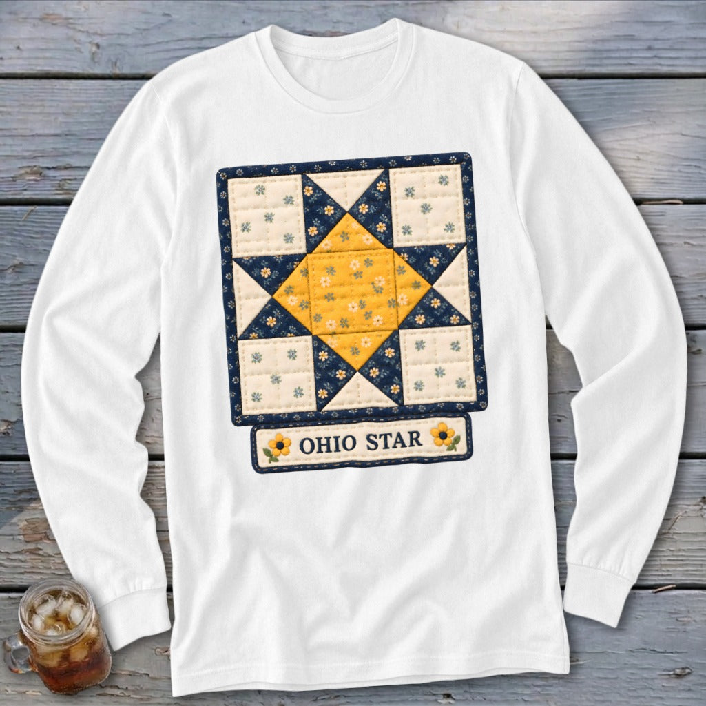 White long-sleeve shirt with a quilt block graphic featuring an Ohio Star and the text "OHIO STAR."