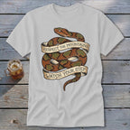 T-shirt with coiled snake graphic and text "RESPECT THE MOUNTAINS WATCH YOUR STEP".