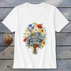 White v-neck t-shirt with "Decoration Day Blooms" floral bouquet graphic.