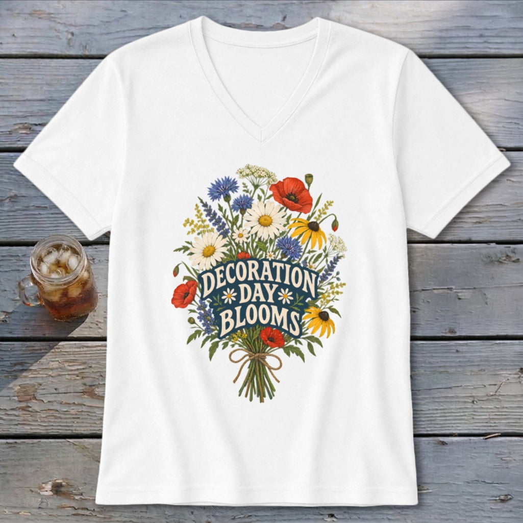 White v-neck t-shirt with "Decoration Day Blooms" floral bouquet graphic.
