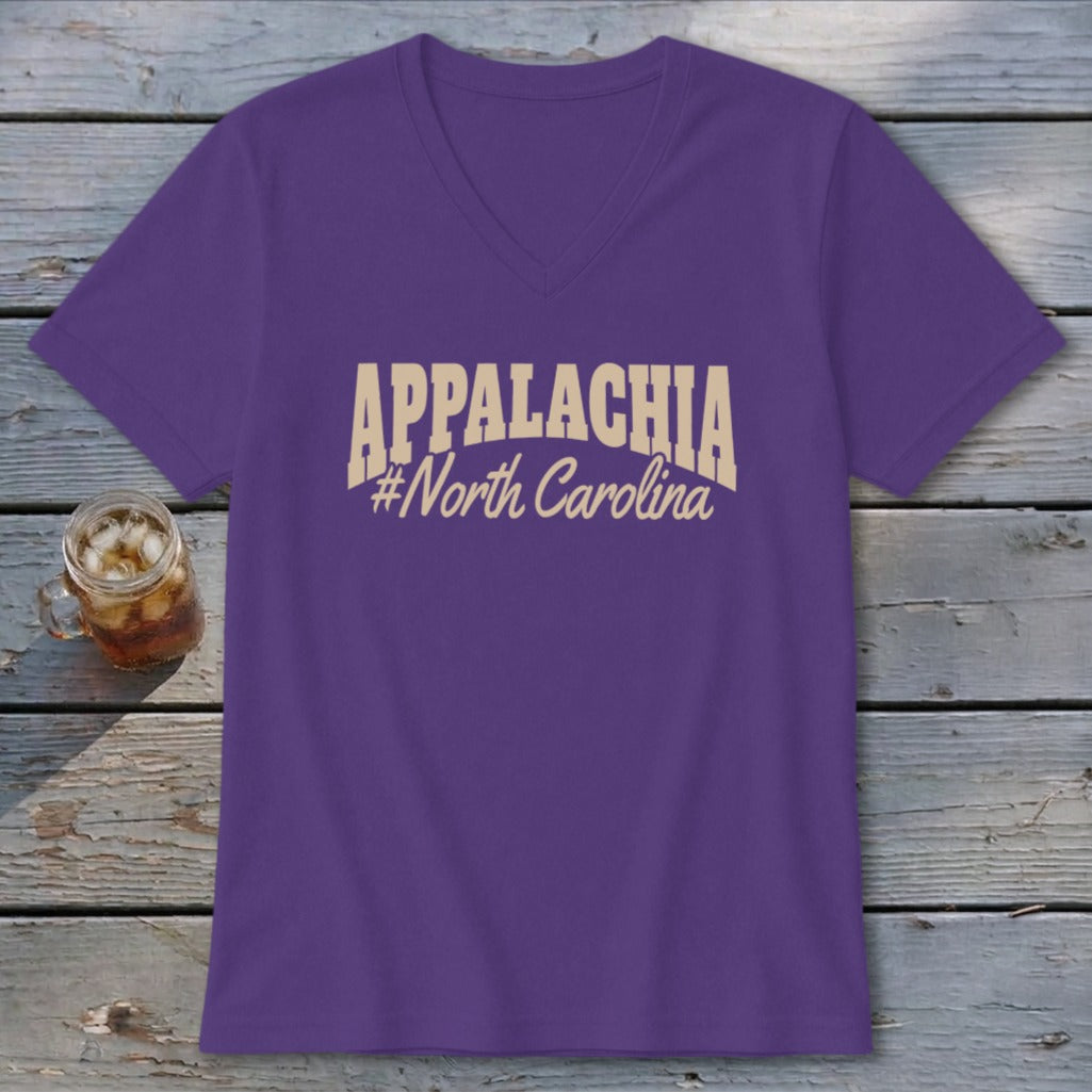 Purple v-neck t-shirt with "APPALACHIA #North Carolina" text in tan.