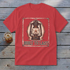 Red t-shirt with graphic of a vintage lantern and text "BUILT TO LAST".
