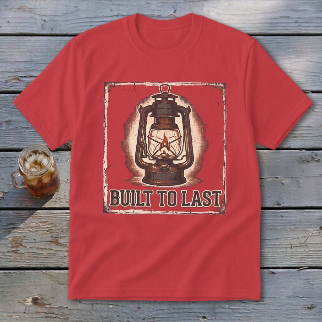 Red t-shirt with graphic of a vintage lantern and text "BUILT TO LAST".
