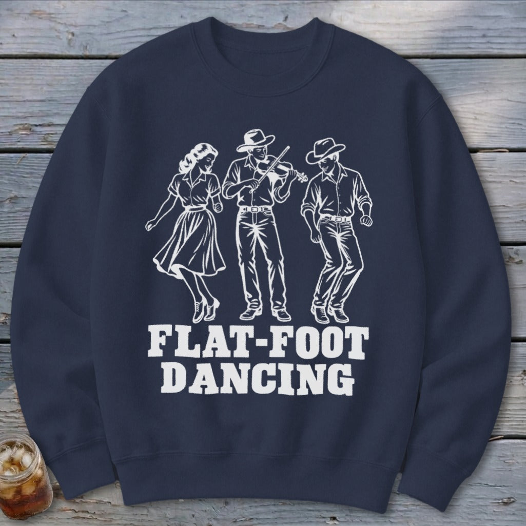 Flat-Foot Dancing graphic with three figures on a navy sweatshirt.
