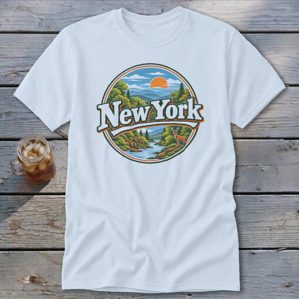 T-shirt with New York mountain landscape, river, deer, and sunset graphic.
