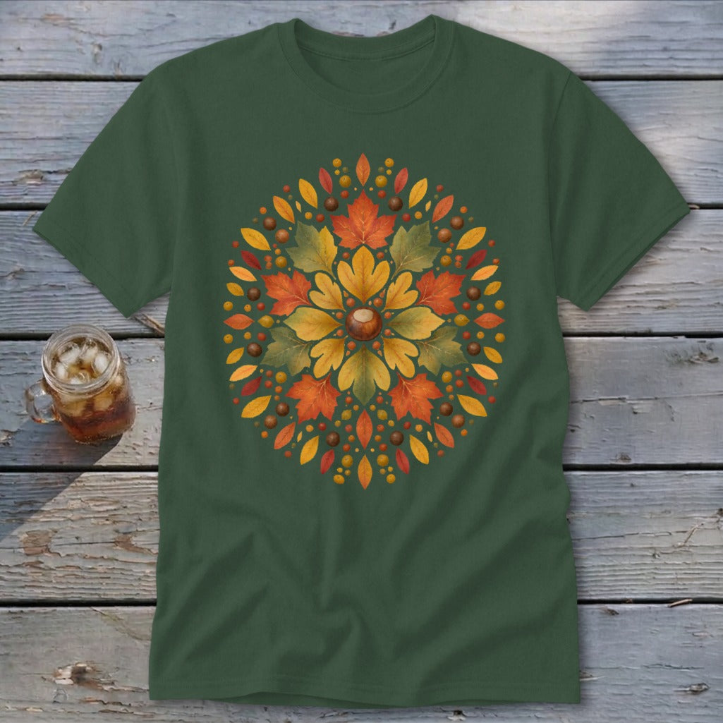 Green t-shirt with a circular autumn leaf and acorn design.