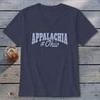 Dark blue v-neck t-shirt with "APPALACHIA #Ohio" text graphic.