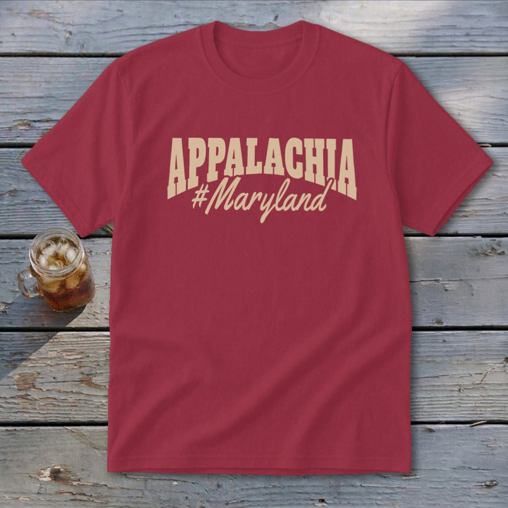 Red t-shirt with "APPALACHIA #Maryland" printed in tan text.