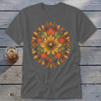 Dark grey t-shirt with a circular fall leaf mandala design featuring a chestnut in the center.