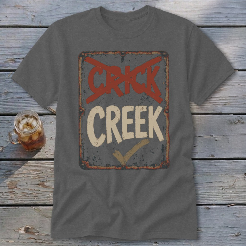 Dark grey t-shirt with "CRICK CREEK" text and a checkmark on a distressed sign.