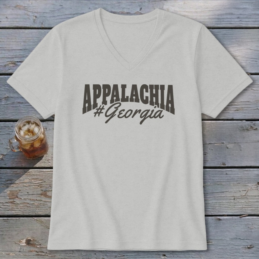Light grey v-neck t-shirt with "APPALACHIA #Georgia" text.