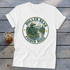 White t-shirt with circular graphic of bear fishing, text "Holler Bear Fishin Hole."
