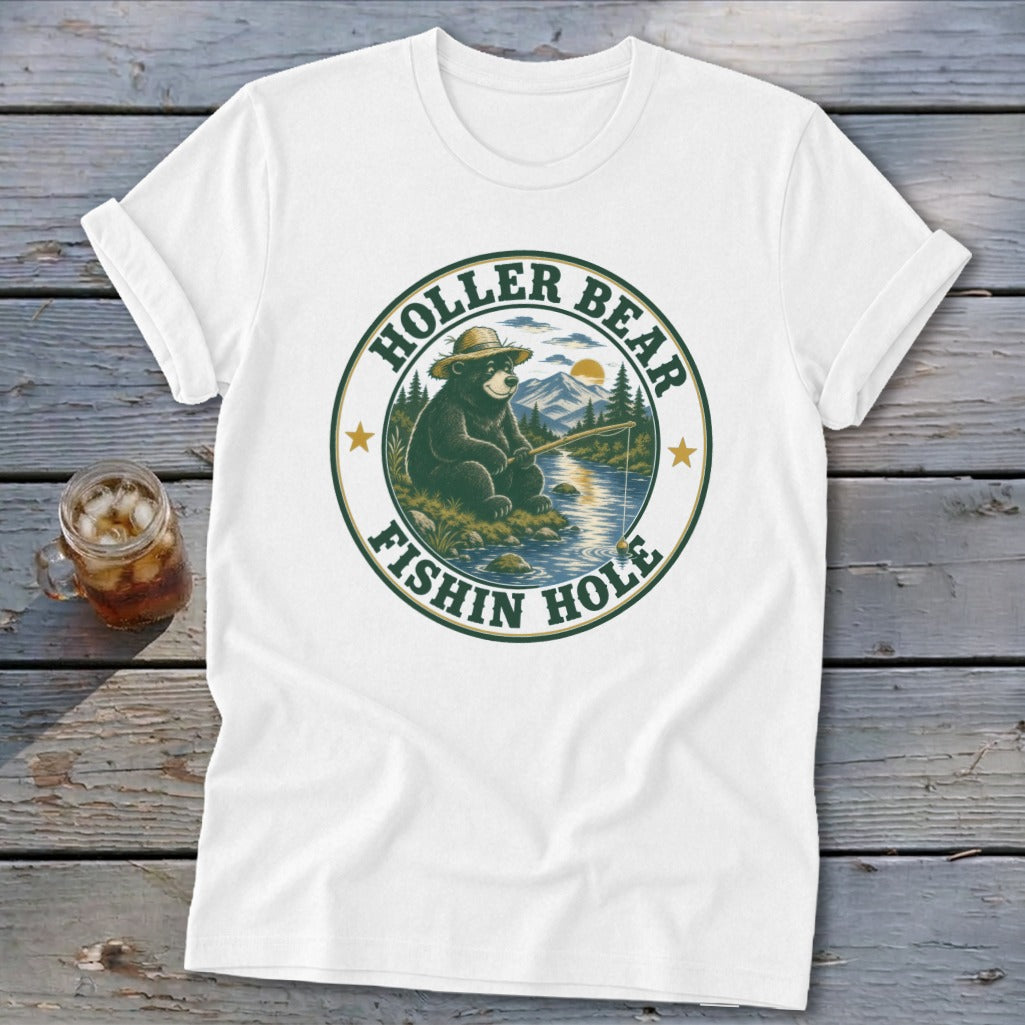 White t-shirt with circular graphic of bear fishing, text "Holler Bear Fishin Hole."