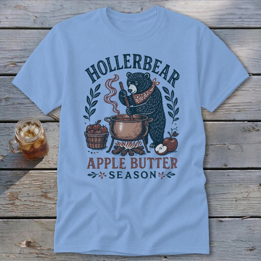 Bear making apple butter with text "Hollerbear Apple Butter Season".