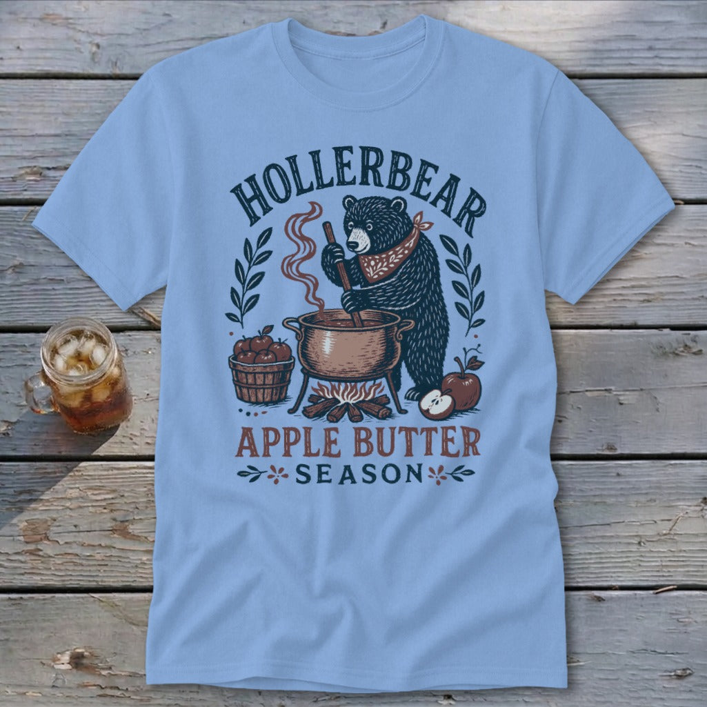 Bear making apple butter with text "Hollerbear Apple Butter Season".