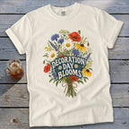 White t-shirt with a floral bouquet graphic and "Decoration Day Blooms" text.