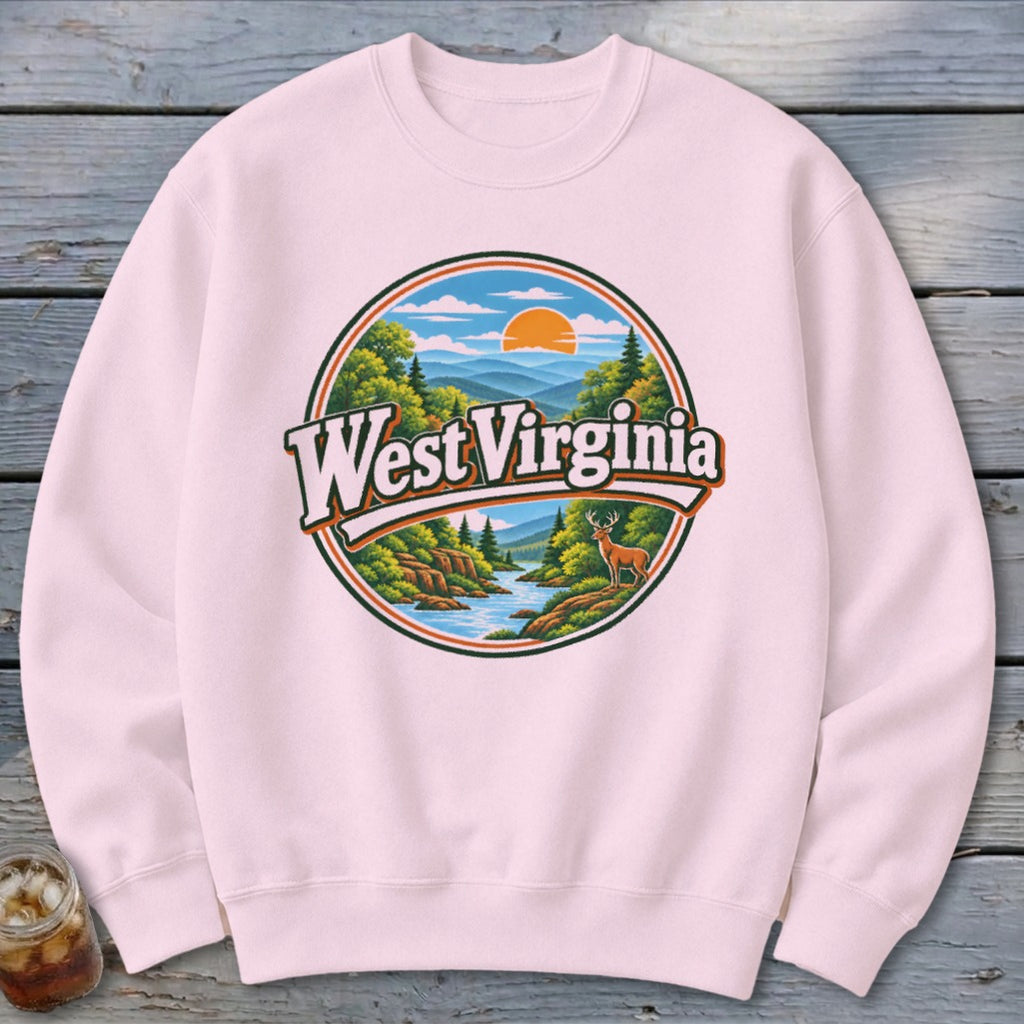 Crewneck sweatshirt with a circular graphic featuring "West Virginia" text over a scenic mountain and river landscape with a deer.