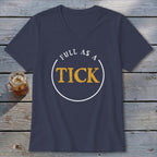 Navy v-neck t-shirt with text "FULL AS A TICK" in a circle.