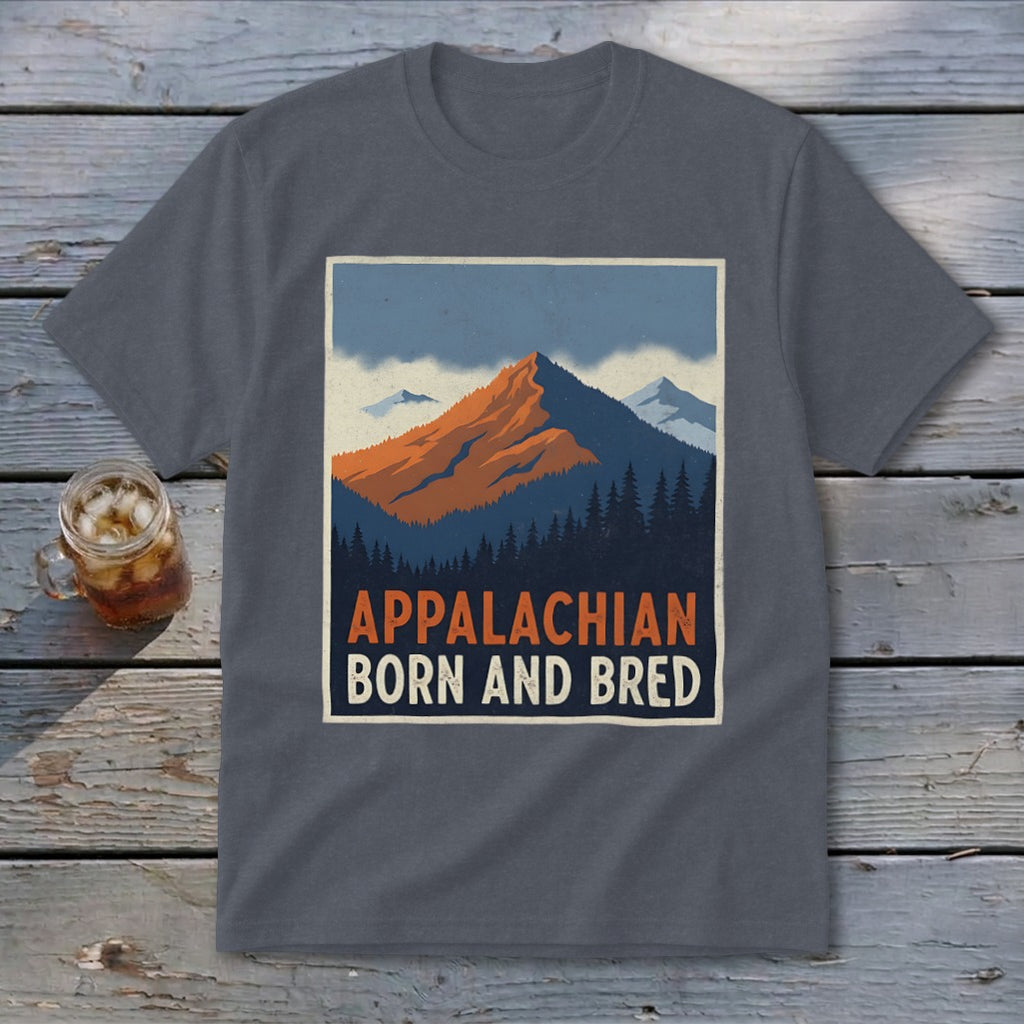 Charcoal gray t-shirt featuring a retro mountain graphic and the text Appalachian Born and Bred.