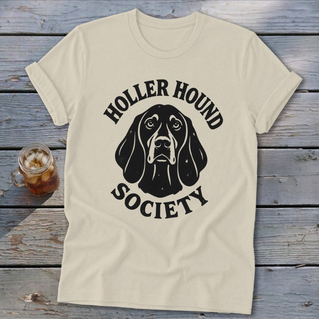 Cream t-shirt with "Holler Hound Society" text and a dog's head graphic.