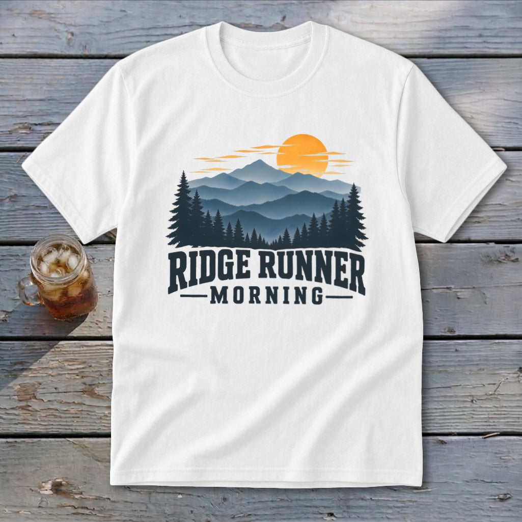 White t-shirt with "Ridge Runner Morning" text and mountain sunrise graphic.