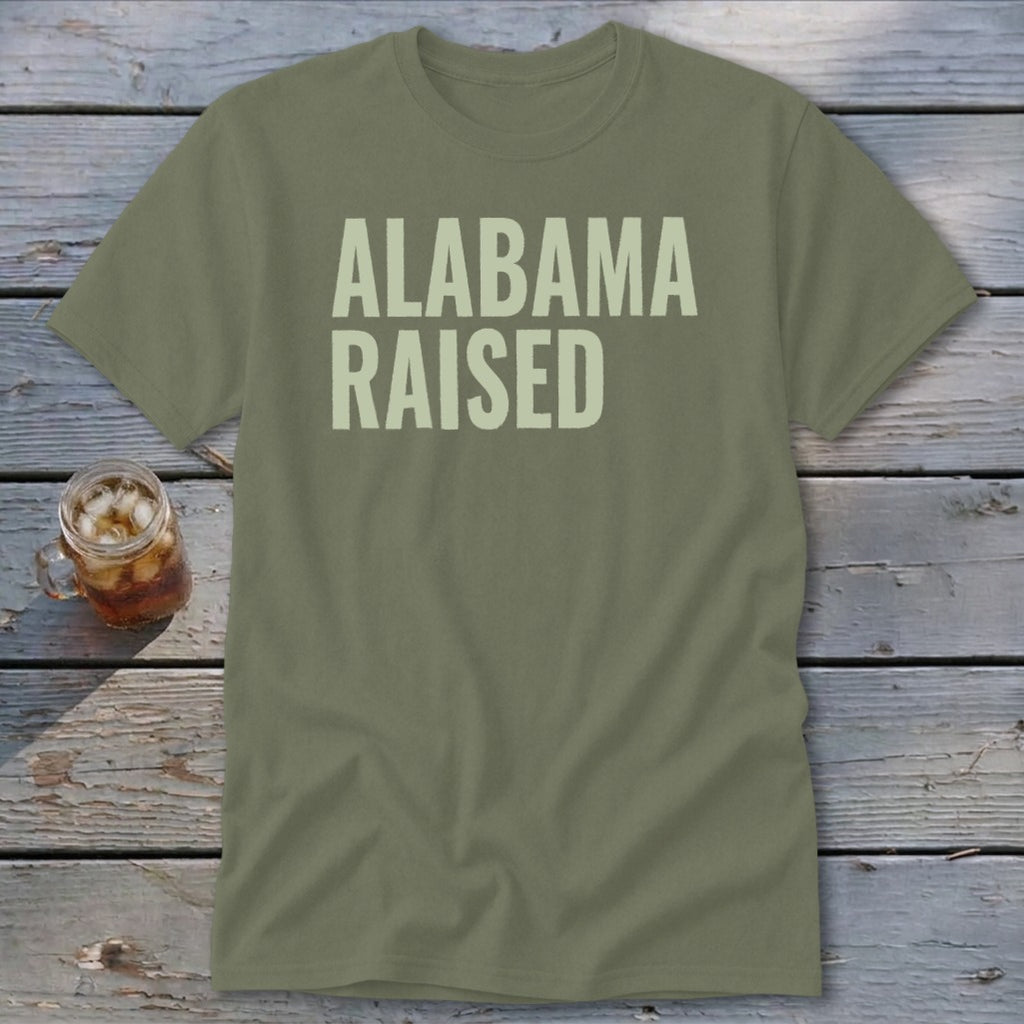 Olive green t-shirt with "ALABAMA RAISED" text in light green.
