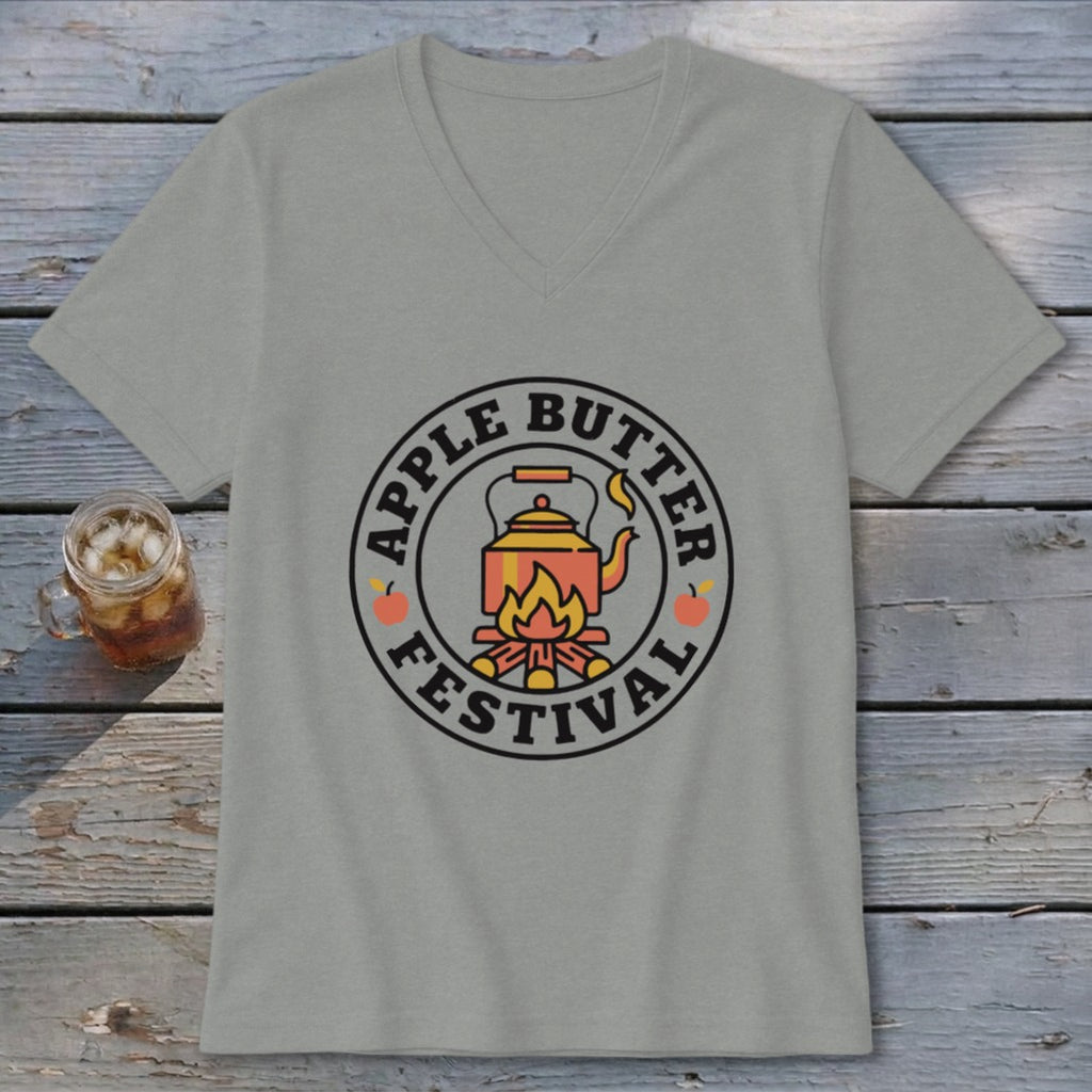 Grey v-neck t-shirt with "Apple Butter Festival" logo featuring a kettle over a campfire.