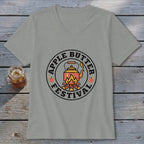 Grey v-neck t-shirt with "Apple Butter Festival" logo featuring a kettle over a campfire.