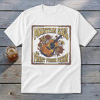 White t-shirt with "Mountain Soul and Front Porch Pickin'" text and acoustic guitar graphic.