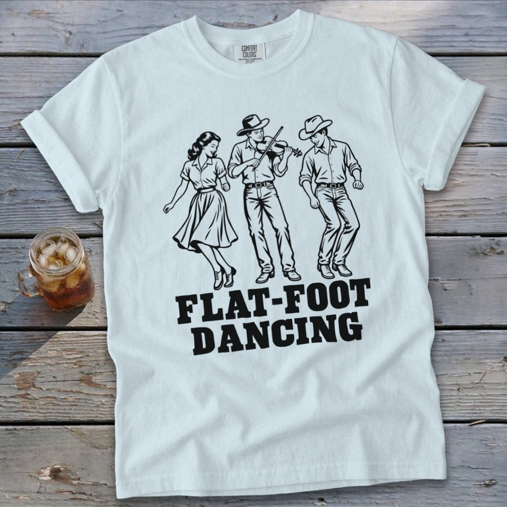 White t-shirt with black graphic of three people dancing and the text "FLAT-FOOT DANCING".