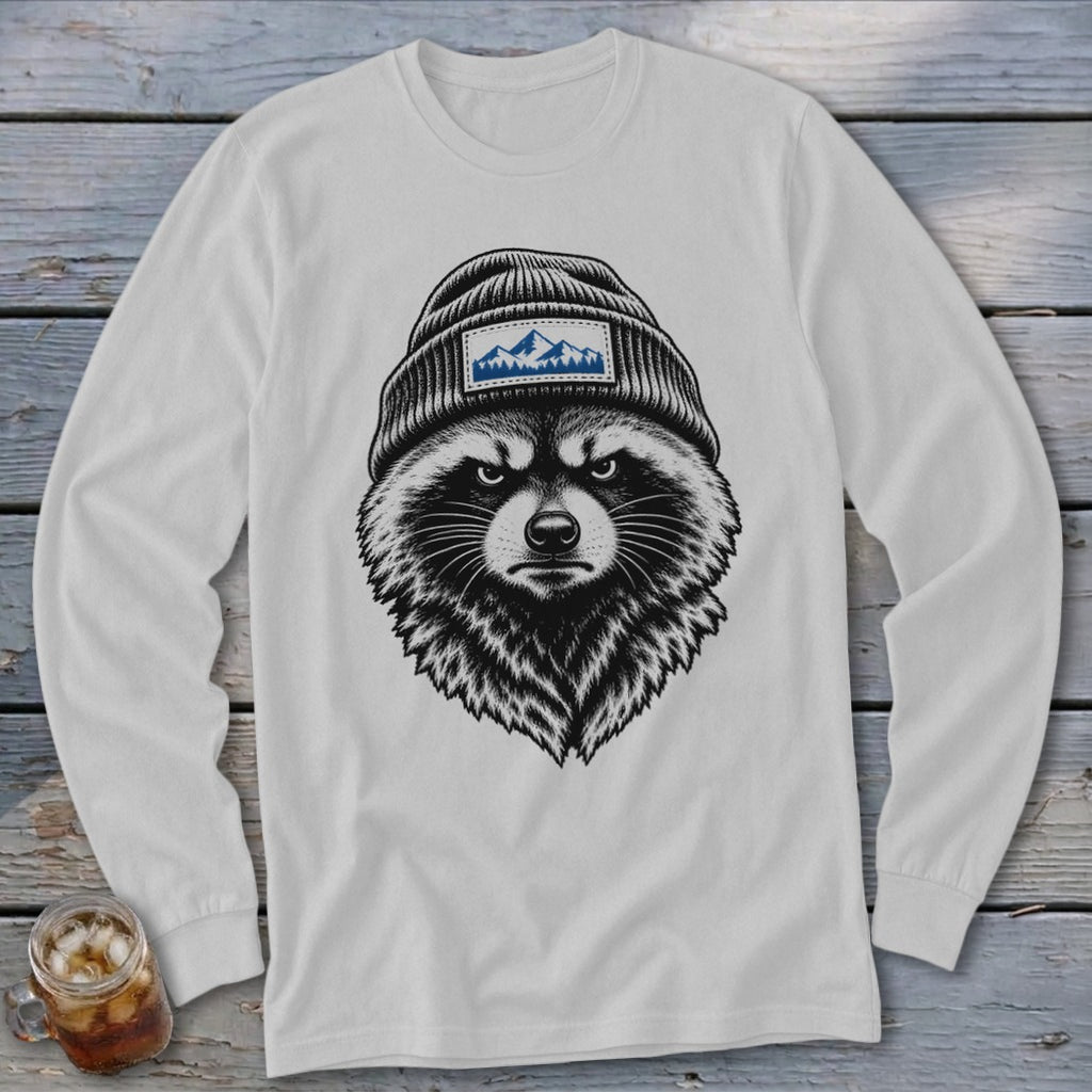 Long-sleeve white shirt with raccoon wearing a beanie and a mountain patch.