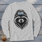 Long-sleeve white shirt with raccoon wearing a beanie and a mountain patch.