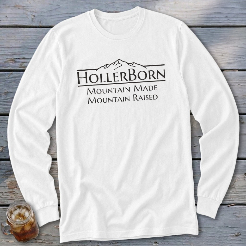 White long-sleeve shirt with "HollerBorn Mountain Made Mountain Raised" text and mountain graphic.