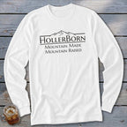 White long-sleeve shirt with "HollerBorn Mountain Made Mountain Raised" text and mountain graphic.