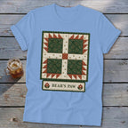 Light blue t-shirt with a Bear's Paw quilt pattern and text.