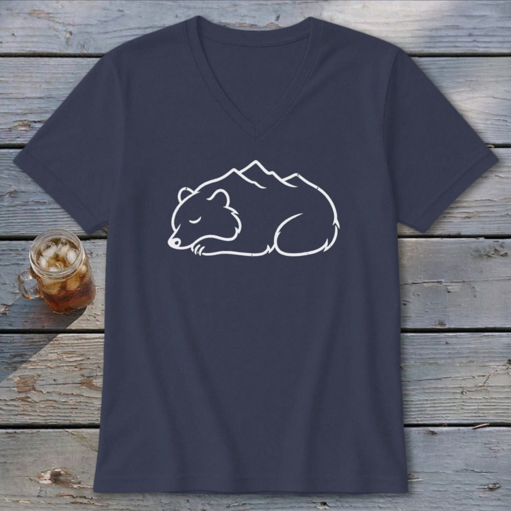 Navy v-neck t-shirt with white outline graphic of a sleeping bear and mountains.