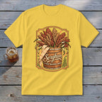 Yellow t-shirt with a "Sorghum" design featuring a barrel of grain.