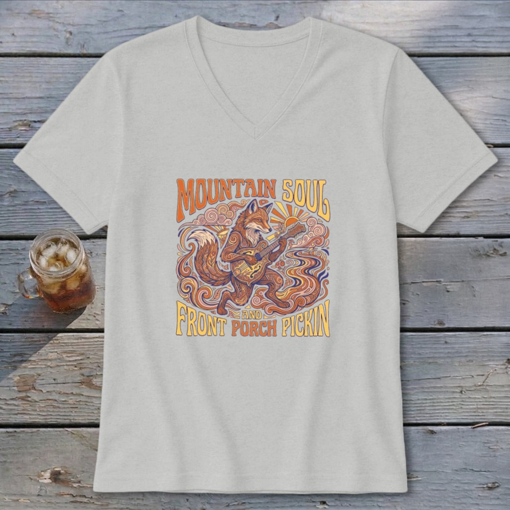 Gray v-neck t-shirt with a fox playing guitar and text "MOUNTAIN SOUL and FRONT PORCH PICKIN".