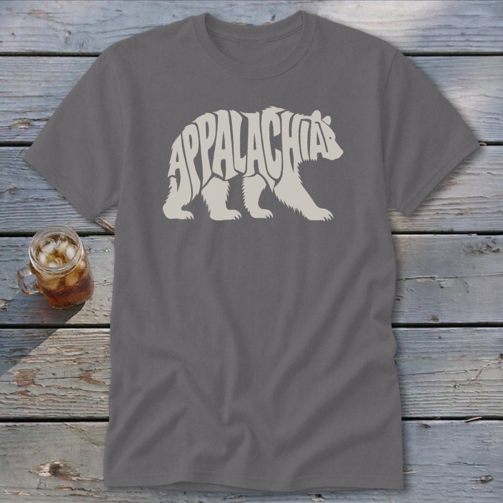 A dark gray crewneck t-shirt featuring a white bear silhouette with the word Appalachia written inside it.