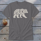 A dark gray crewneck t-shirt featuring a white bear silhouette with the word Appalachia written inside it.