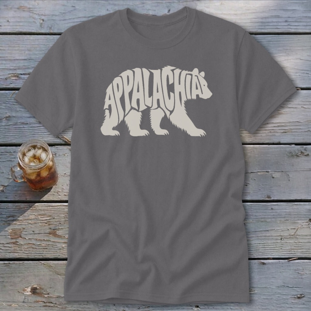 A dark gray crewneck t-shirt featuring a white bear silhouette with the word Appalachia written inside it.