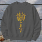 Dark grey sweatshirt with yellow floral design and "holler" text.