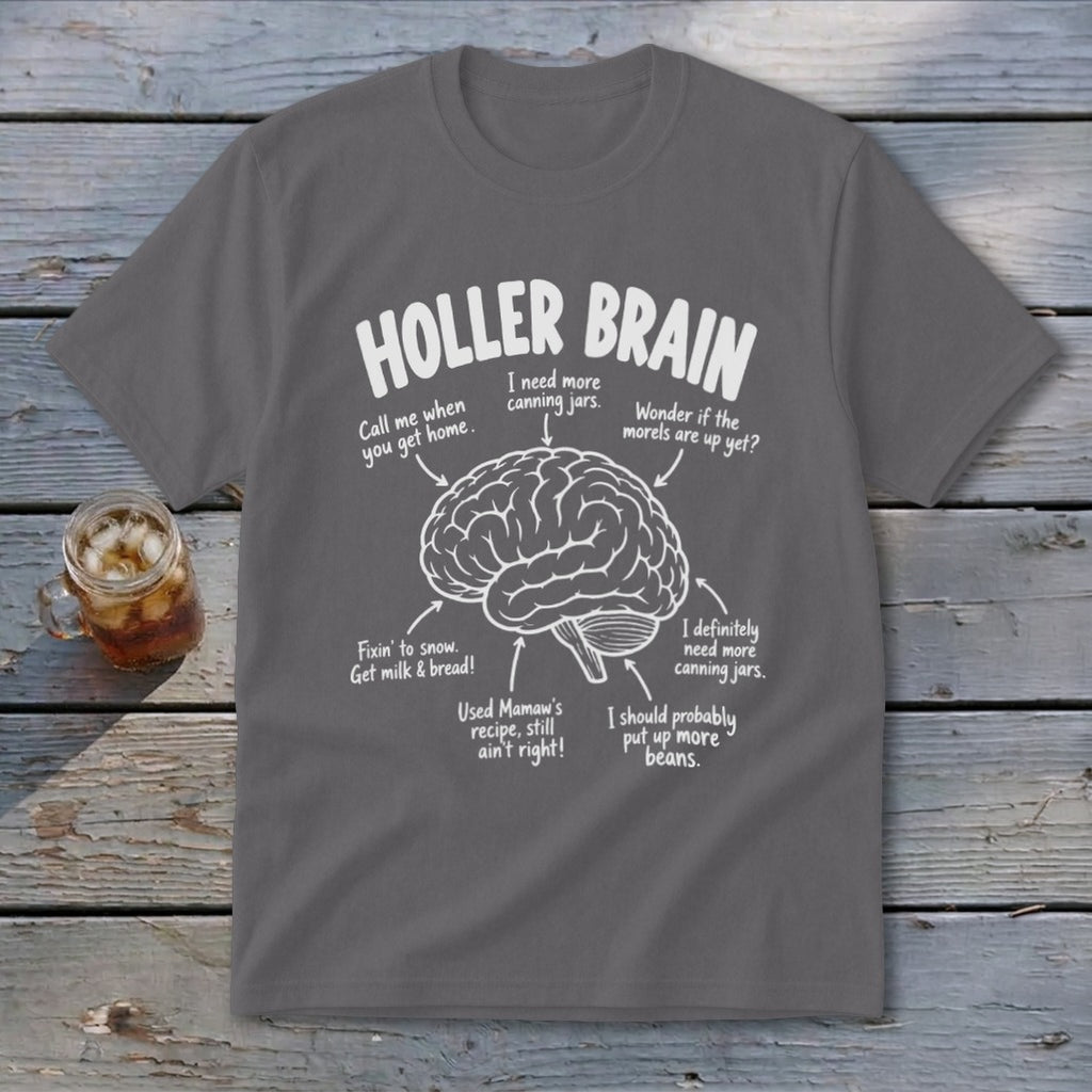 Gray t-shirt with "Holler Brain" and a diagram of a brain with humorous text labels.