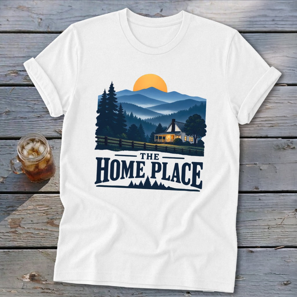 White t-shirt with landscape graphic and text "The Home Place".