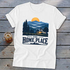 White t-shirt with landscape graphic and text "The Home Place".