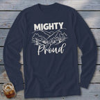 Navy long sleeve shirt with "MIGHTY Proud" text and mountain landscape graphic.