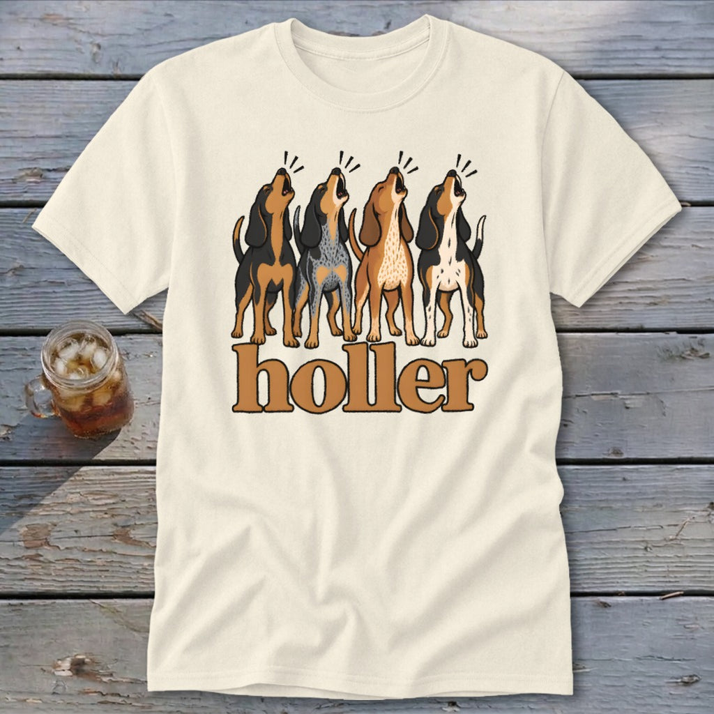 Cream t-shirt with four dogs howling above the word "holler".