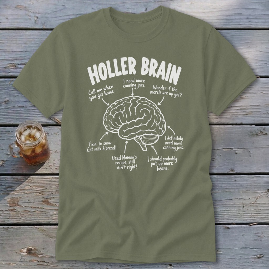 Holler Brain t-shirt with a brain graphic and humorous canning-related text.