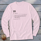 Pink long-sleeve shirt with dictionary definition of "111".