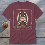 Maroon t-shirt with vintage lantern graphic and "BUILT TO LAST" text.